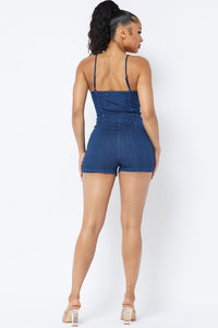 DENIM ROMPER WITH FRONT CUTOUT AND BUTTONS