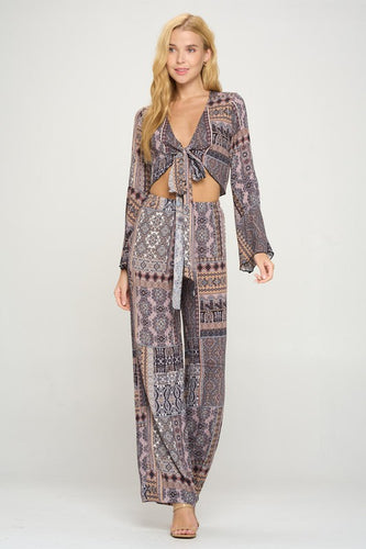 Tie front bell sleeve crop cardigan palazzon pant
