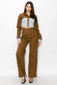 CONTRAST RIB WAIST CROP JACKET AND PANTS SET