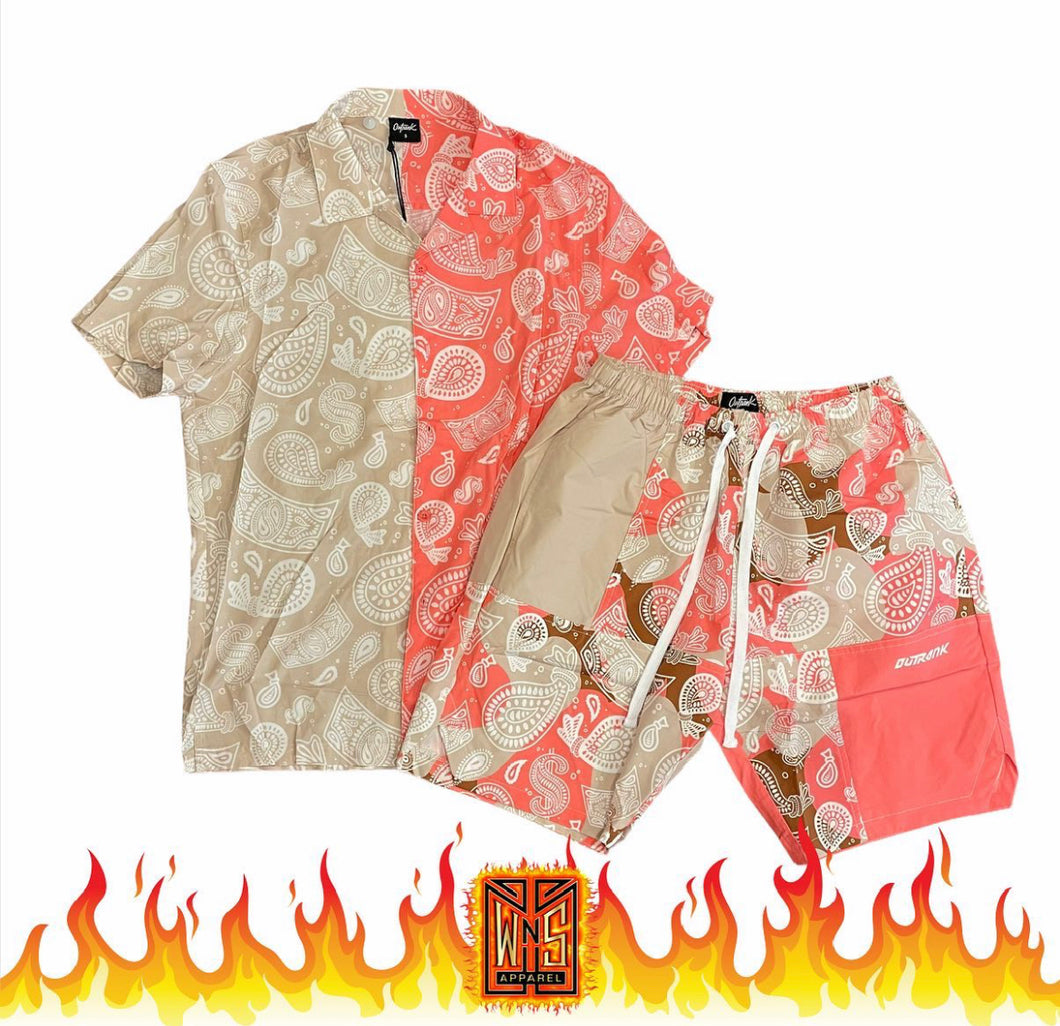 Outrank Paisley Pink Buttom Up Short Set