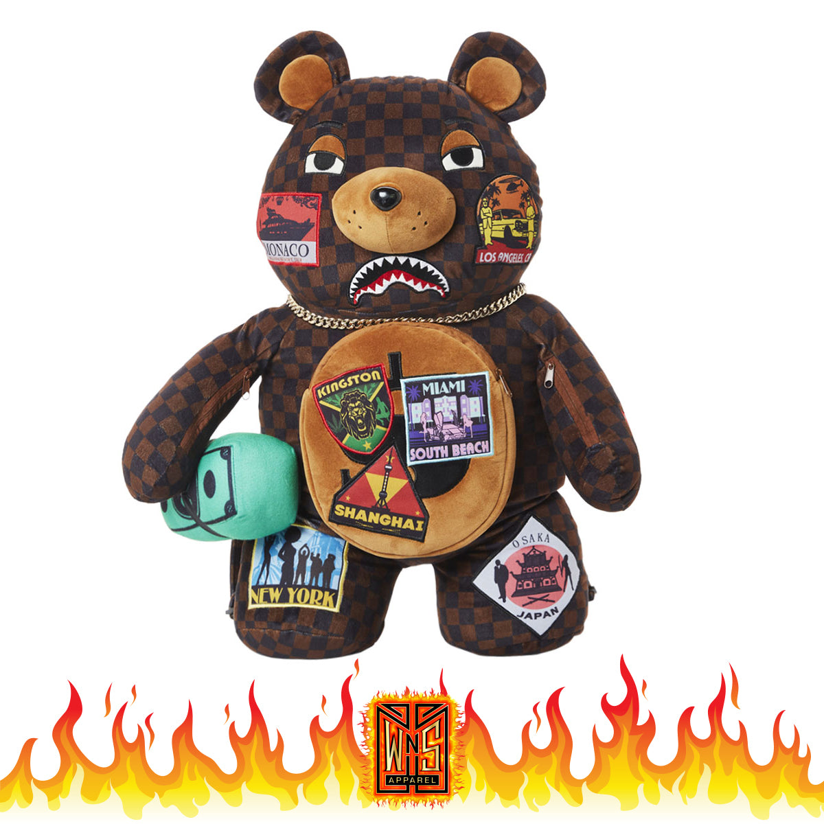 Sprayground Checkered Paris Travel Patch Bear Backpack (Teddy Bear